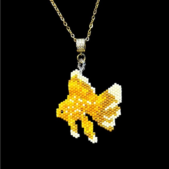 Hand Crafted Jewelry - Handwoven beaded goldfish pendant with sparkling bale on 20” gold color chain